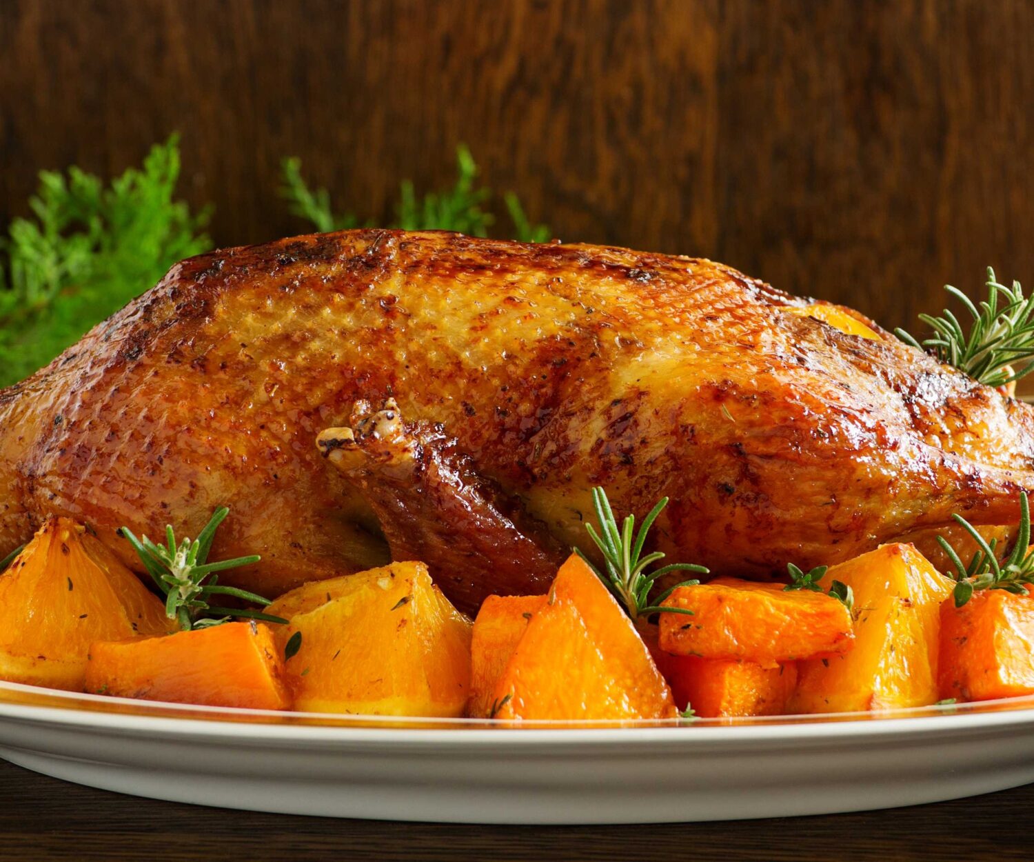 Seitenansicht: Ganze gebratene Gans auf einer Platte mit Gemüse rundum