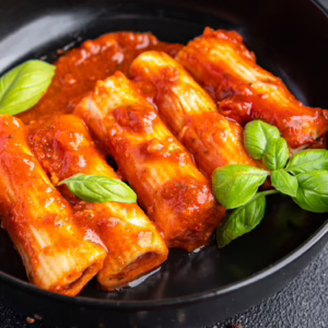 5 Vegane Canneloni mit Tomatensoße leicht bedeckt in schwarzer Pfanne